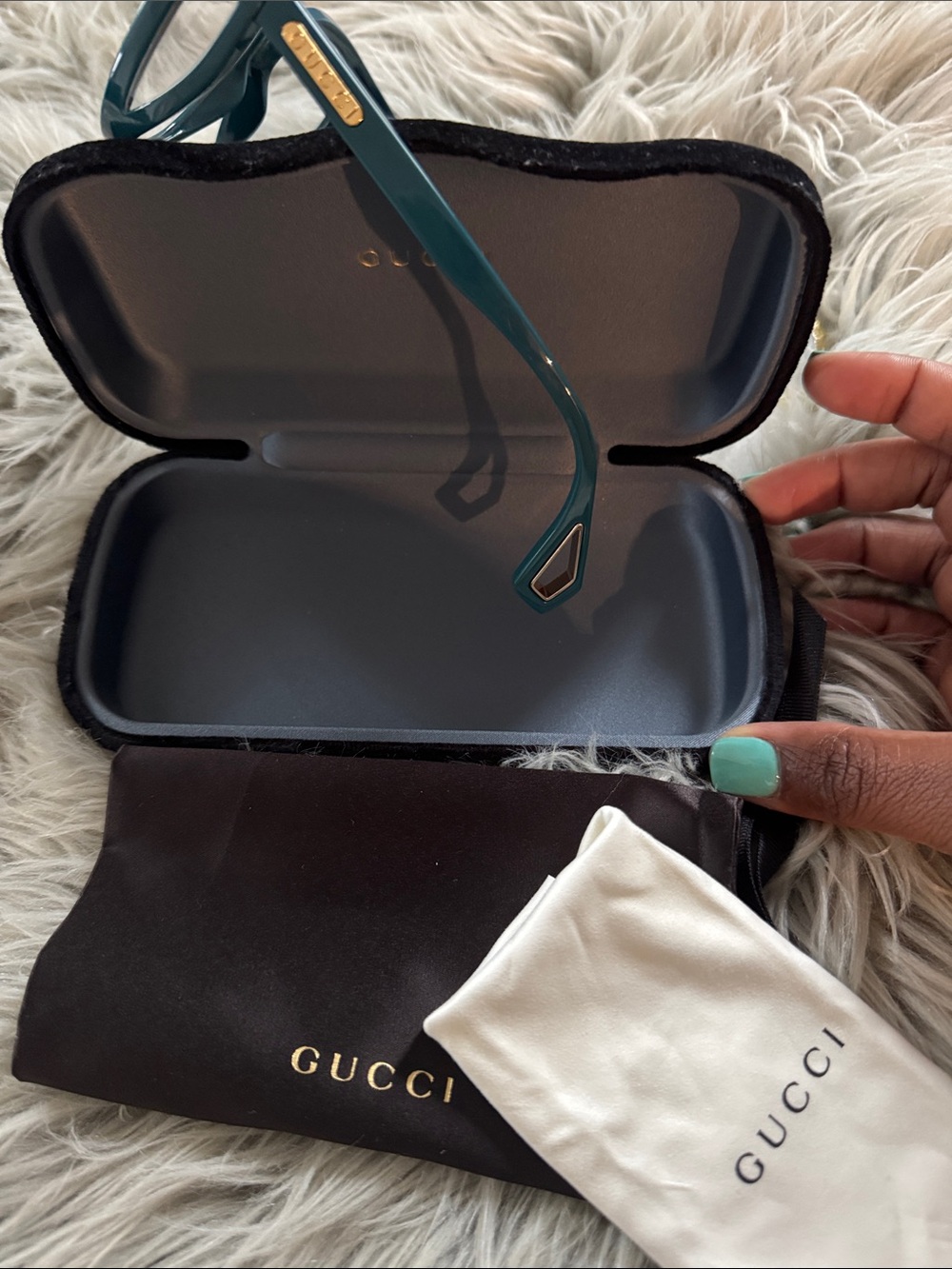 Gucci Deep Teal Square Optical Frames with Gold Accents - Picture 2 of 3